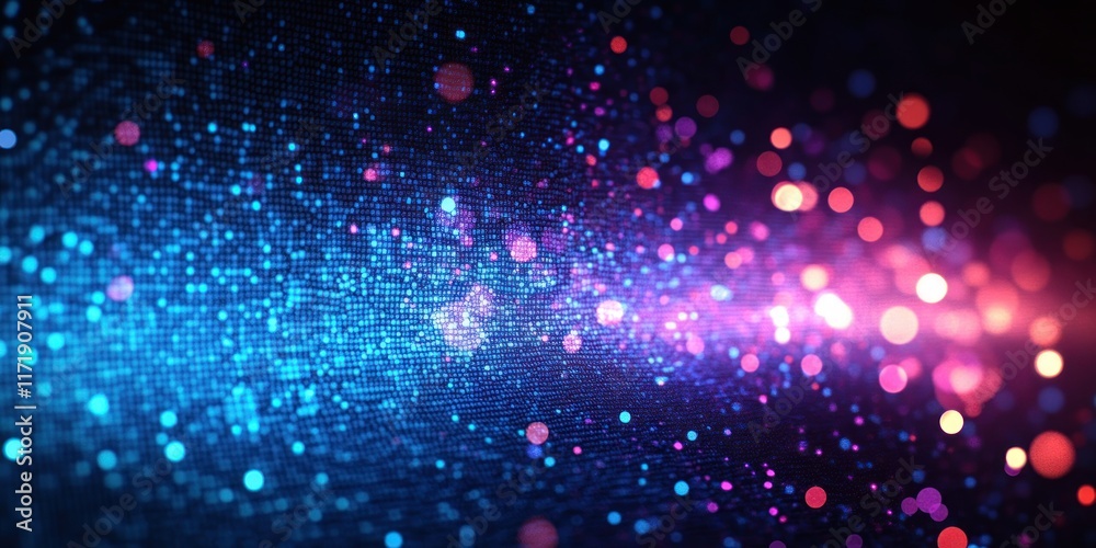 Poster vibrant blue and purple pixelated background with bokeh effects and glowing light in modern minimali