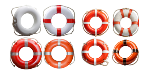 Various Lifebuoys in Different Styles and Colors on Transparent Background
