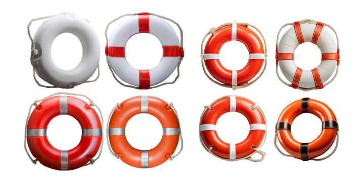Various Lifebuoys in Different Styles and Colors on Transparent Background