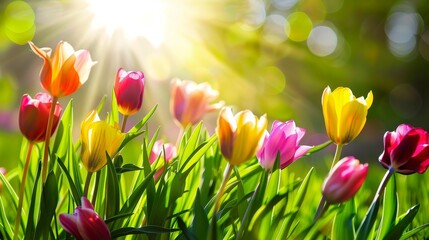 Colorful tulips in shades of pink, yellow, and red thrive in a lush garden, illuminated by warm sunlight during a clear spring day