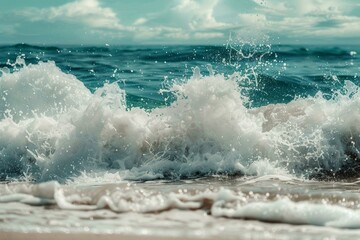 Fototapeta premium Powerful ocean waves crashing on a sandy beach, creating dynamic white foam and water splashes