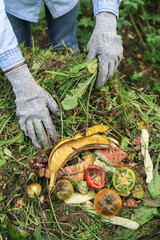 Zero waste, composting concept. Compost heap pile with bio waste close up. Farmer hands put weeds...