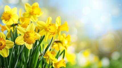 Vibrant yellow daffodils burst into bloom under soft sunlight in a serene garden, signaling the arrival of spring and uplifting the spirits of onlookers