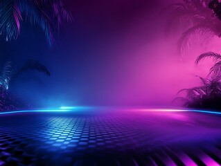 Naklejka premium Neon Lit Tropical Scene with Palm Leaves and Glowing Floor