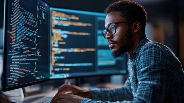 A man is working on a computer with two monitors