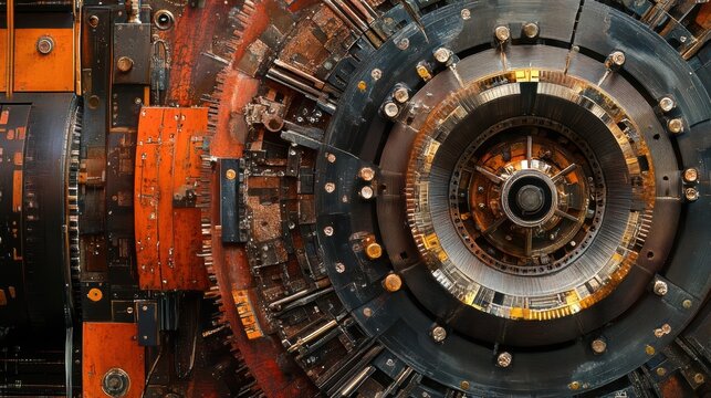 Close up of a cyclotron particle accelerator, showing intricate components and generating powerful beams of charged particles for scientific research and medical applications
