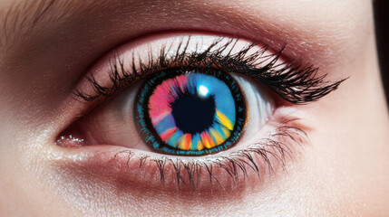 vibrant eye featuring unique contact lens design with colorful patterns, showcasing intricate details and striking appearance. lens enhances eye beauty and captivates attention