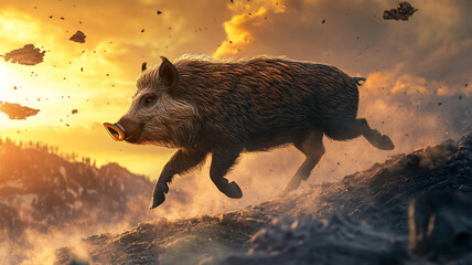 running boar during sunset in a mountain with a birds eye view 