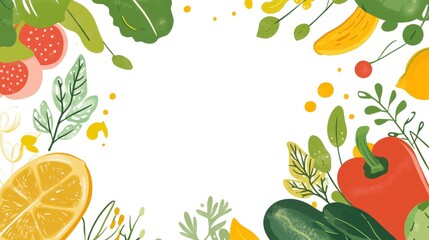 Obraz premium Colorful Border Design with Fresh Vegetables and Fruits Illustrations