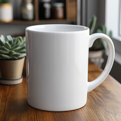 Obraz premium A plain white mug sitting on a wooden table in cozy room, with plant and blurred background