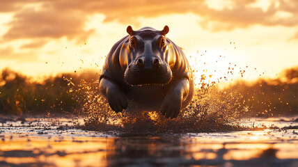 running hippo during sunset in a mudpool with a eye-level angle 