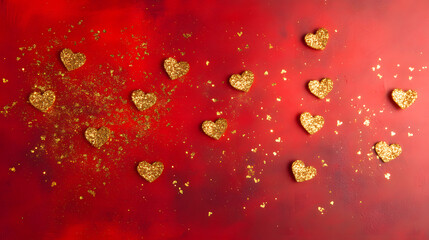 Fototapeta premium Scattered Heart Shapes in Gold Glitter on Red Background
