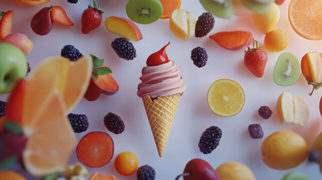 Delicious ice cream cone surrounded by vibrant summer fruits like strawberries, kiwis, and oranges, creating colorful and refreshing scene perfect for warm days - Powered by Adobe