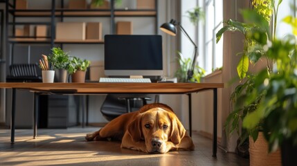 A dog resting in a cozy home office with plants and a computer setup.