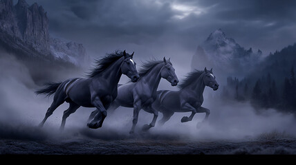 running horses during midnight in a mountain with a low Angle 