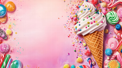 Delightful ice cream cone surrounded by colorful candies and sweets, creating whimsical and joyful atmosphere perfect for summer treats