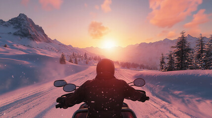 riding a motor during winter in the mountains during sunset with a eye-level angle 