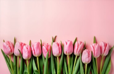Fototapeta premium Pink tulips arranged in bouquet against pastel pink background. Spring flowers create beautiful composition. Top view, perfect for romantic celebration like Valentine Day, Easter, Birthday, Mothers