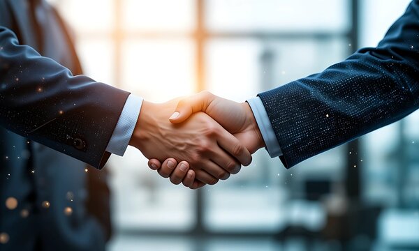 Two businessmen shaking hands in a bright office setting. - Powered by Adobe