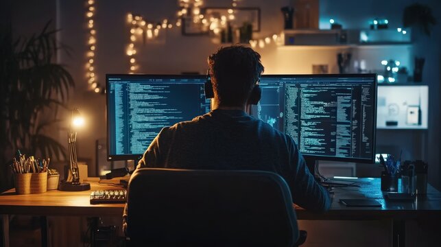 A man is sitting in front of a computer monitor with a black screen