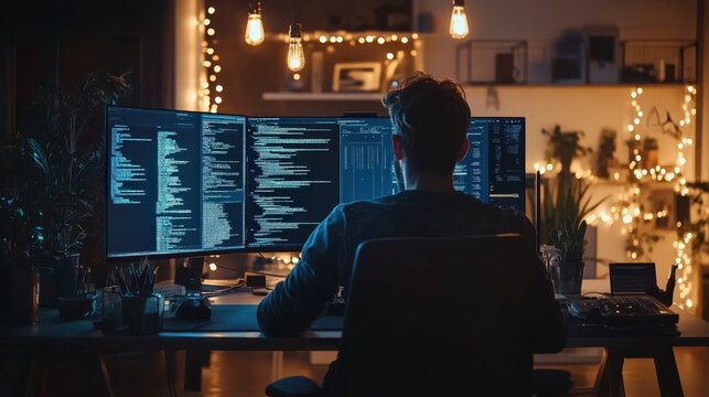 A man is sitting in front of a computer with three monitors