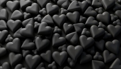 Obraz premium Abstract 3D rendering shows many small black hearts. Dark romantic background ideal for Valentine Day design concept. Heap of hearts creates texture. Elegant design for greeting cards, wallpaper.