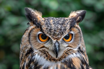 Eurasian eagle owl staring intensely with bright orange eyes and a blurred green background