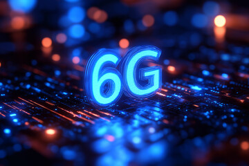 A sleek, minimalist design showing the '6G' logo illuminated in bright blue light, with a background of swirling futuristic data streams. A futuristic and high-tech background concept. 3D rendering.