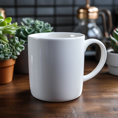 Obraz premium A plain white mug sitting on a wooden table in cozy room, with plant and blurred background