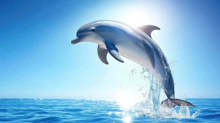 Obraz premium A dolphin leaps joyfully above the ocean surface, with sunlight reflecting off the water.