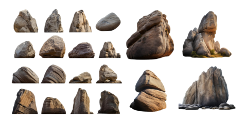 Various Textured Rocks in Different Shapes and Sizes on Transparent Background