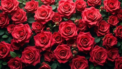 Obraz premium Top view of many fresh red roses. Detailed view of beautiful rose flowers. Romantic, floral pattern for wallpaper background. Roses, green leaves create natural, elegant design. Perfect for Valentine