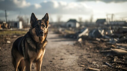 A trained search and rescue dog stands in a disaster zone, focused on locating victims amidst the wreckage of collapsed buildings