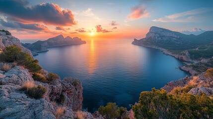 Golden hour sunrise over the ocean with vibrant colors reflecting off the water, mountains and cliffs framing a serene coastal landscape