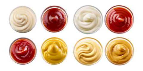 Assorted Sauces in Glass Bowls Including Ketchup, Mustard, and Mayo