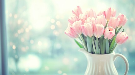 Obraz premium A bouquet of pink tulips sits elegantly in a white vase next to a window, bringing a touch of spring to a rainy day ambiance