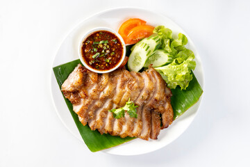 Grilled pork neck Pork neck will have it inserted. This pork won't be sticky. It is popular to marinate and grill. With spicy sauce, soft and chewy, very delicious taste