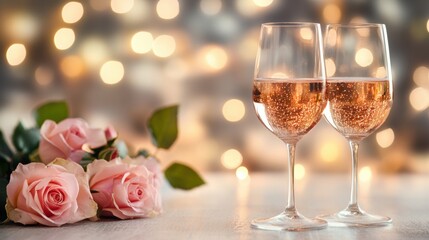 Two elegant wine glasses filled with sparkling beverage sit beside fresh roses, illuminated by warm bokeh lights creating a romantic atmosphere