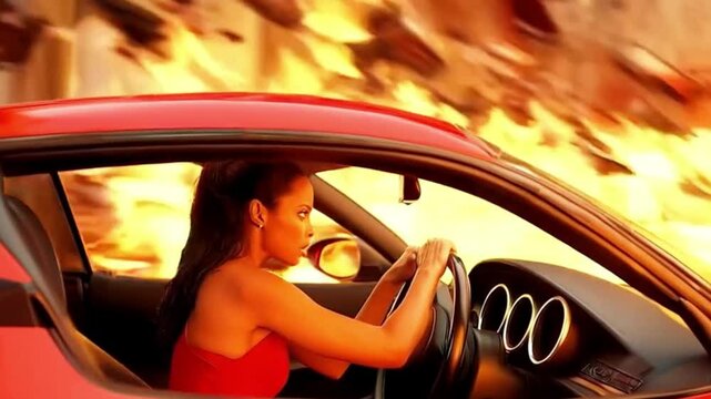 jump into car Action shot with a woman running away from an explosion and cars. The dynamic scene in action movie blockbuster style