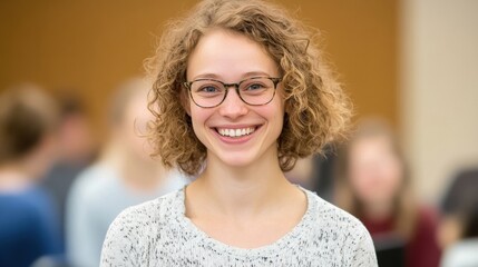 Smiling teacher stands happily in a vibrant classroom filled with attentive students, creating a positive learning atmosphere