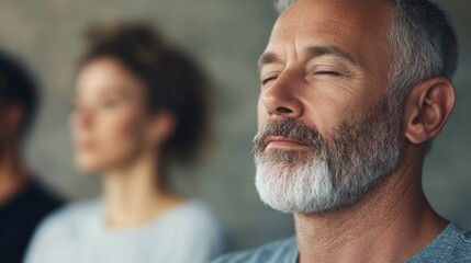 Obraz premium A senior man sits cross-legged in a yoga class, eyes closed, deeply engaged in meditation, surrounded by fellow participants