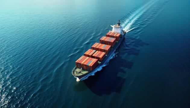 Large container ship sails on open water. Aerial view shows cargo ship moving across ocean. Commercial transport ship carries containers. Ocean transport activity. Maritime industry work.