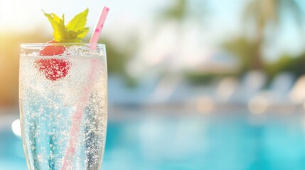 A vibrant cocktail sits in a glass with a straw, garnished with mint and a cherry, beside a sparkling pool on a sunny day
