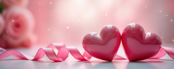 Romantic pink hearts, ribbon. Soft blurred background creates dreamy atmosphere. Love symbol for Valentine Day. Tender, intimate. Suitable for wedding invitations, love-themed design projects. Ideal