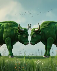 Fototapeta premium Surreal green grass bulls facing off in a vibrant natural meadow representing eco-friendly creativity sustainable concepts environmental art and harmony between nature and modern innovative design ide