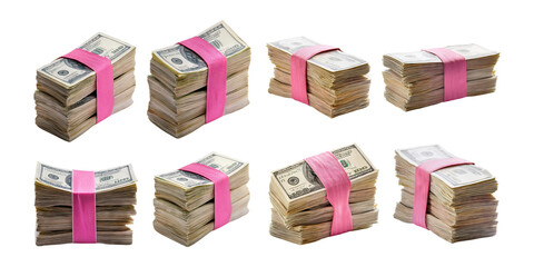Stacks of Cash Bundled with Pink Rubber Bands on Transparent Background