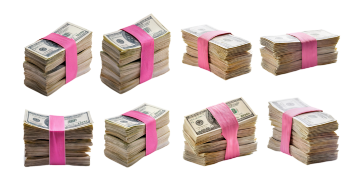 Stacks of Cash Bundled with Pink Rubber Bands on Transparent Background