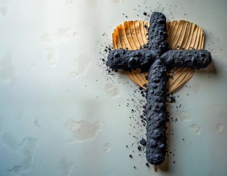 Ash Wednesday concept. Religious cross made from ashes. Dry palm leaf underneath. Spiritual image. Ash symbols penitence. Suitable for religious events. Use for religious spiritual concepts.