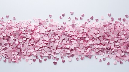 Obraz premium Delicate pink heart-shaped confetti dances across a pristine white backdrop, evoking the playful spirit of love on Valentine's Day.