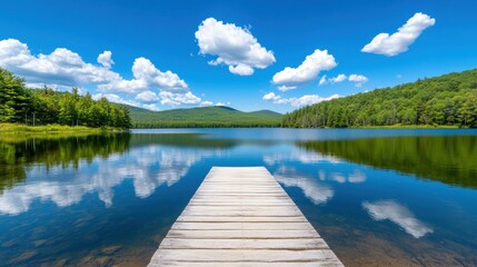Obraz premium A calm lake reflects the sky and surrounding greenery, while a wooden pier extends into the clear water, inviting relaxation and nature appreciation